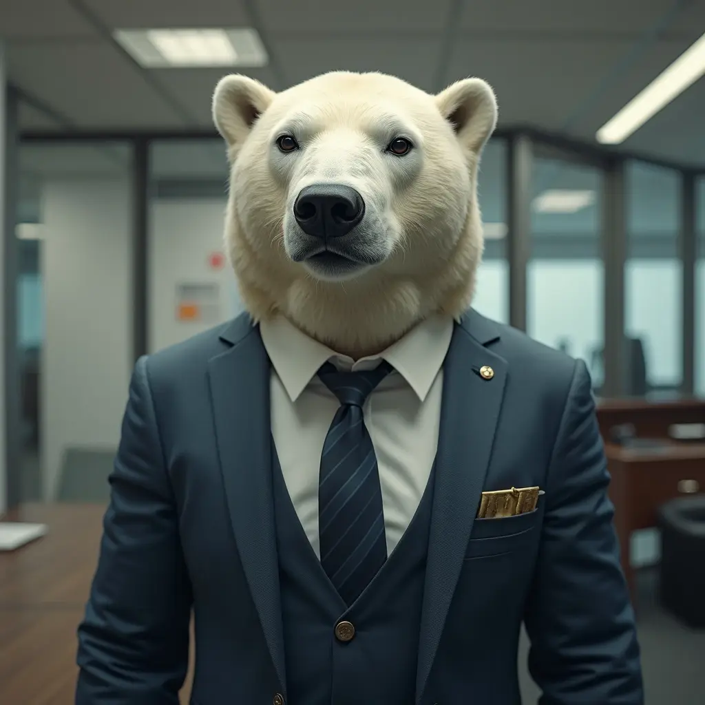 Bipolar Bear mascot in a business suit at the office